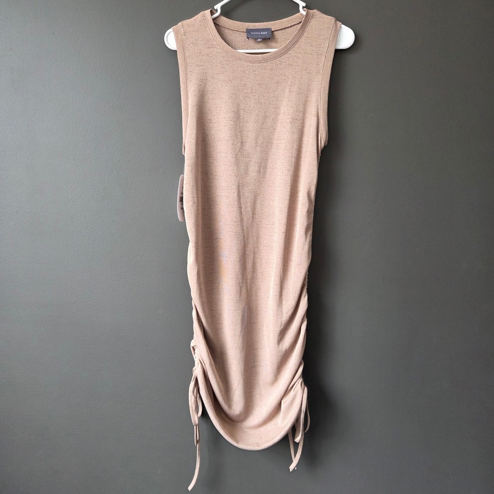 NWT Hudson Gray Womens Medium Taupe Ruched Side Sleeveless Bodycon‎ Midi Dress